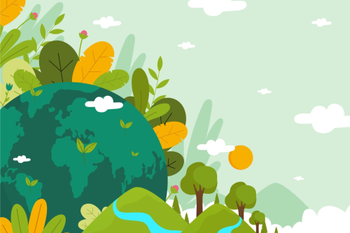 A green planet Earth, surrounded by plants, trees, and wildlife.