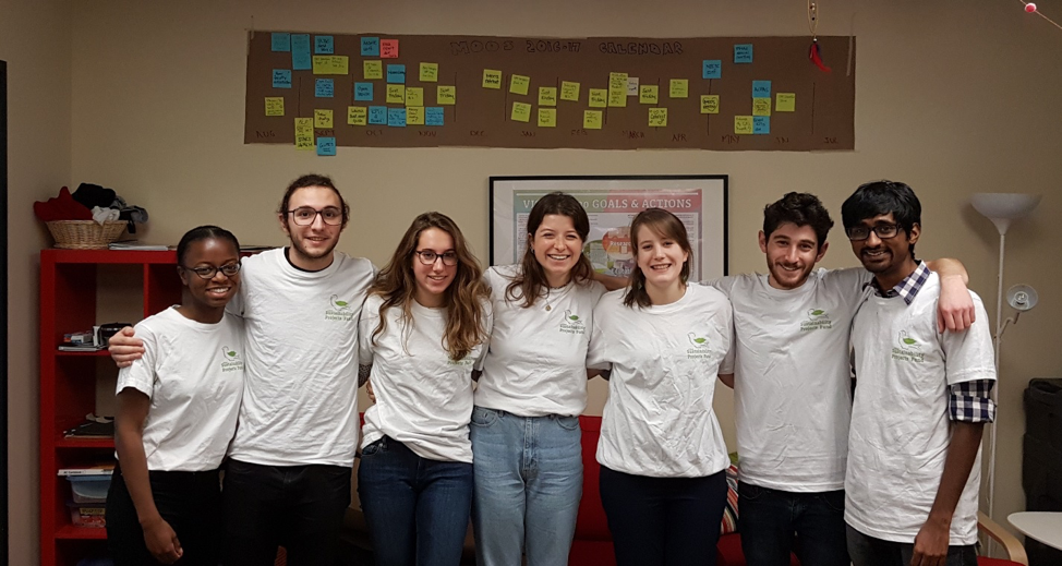 2016-2017 SPF ambassador cohort in Office of sustainability treehouse. From left to right: Océane Dakey, Tanner Zekonic, Kalli Glanz, Fiona Mcraith, Shona Watt (Coordinator), Peter Garber, Shivsanthosh Damodharan. Missing : Kareem Shaalan