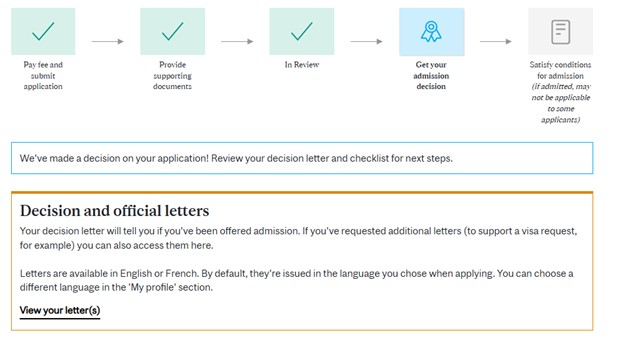Screen shot of McGill Applicant Portal showing the 'Respond to your offer of admission' link