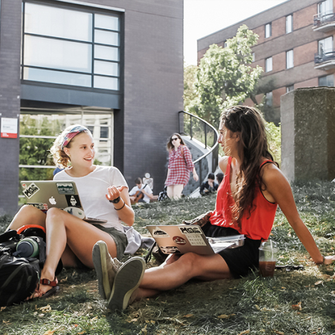 students sitting on the lawn and talking to each other