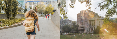 Student with backpack walking on campus and photo of McGill's lower campus. Credit © Eva Blue