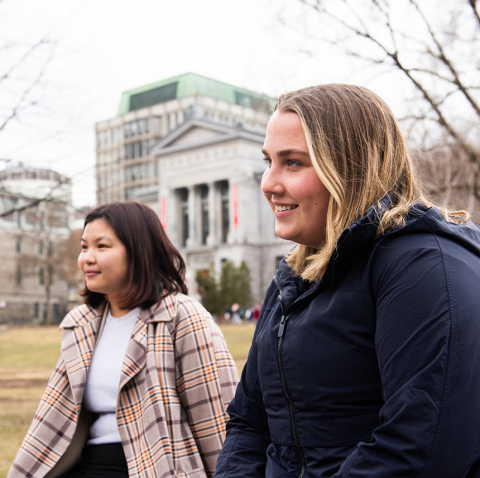 Louisa Hanson, right. Tirza Pang, left. McGill students in front of the Redpath Museum