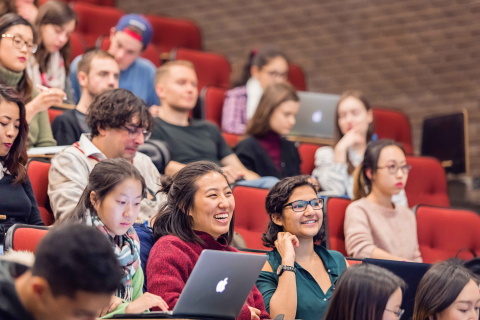 A classroom auditorium full of students