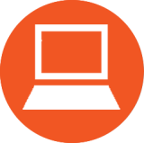 Icon: white laptop on orange circle background
