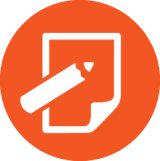 Icon: orange circle with a white outline of paper and pencil on top