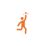 Icon for thriving in action program.  Orange stick figure reaching for a star