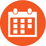 Icon: white monthly calendar on an orange circle background