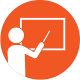 Icon: person outlined in white pointing at a chalkboard