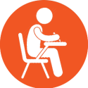 Icon, orange circle with a white stick-figure seated at a desk