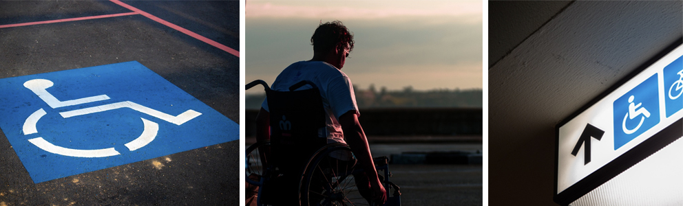 International symbol of accessibility next to a photo of a person in a wheelchar