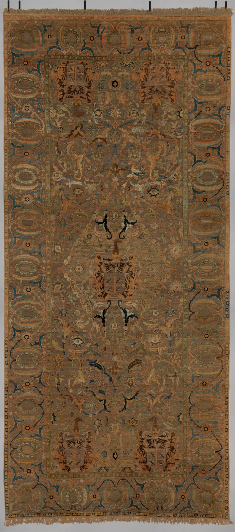 The Czartoryski Carpet, seventeenth century, “Polonaise,” made in Iran, probably Isfahan, cotton (warp), silk (weft and pile), metal-wrapped thread, asymmetrically knotted pile, brocaded, 486.4 × 217.5 cm. New York, Metropolitan Museum of Art, gift of John D. Rockefeller Jr. and Harris Brisbane Dick Fund, by exchange, 1945, 45.106 (photograph provided by The Metropolitan Museum of Art)