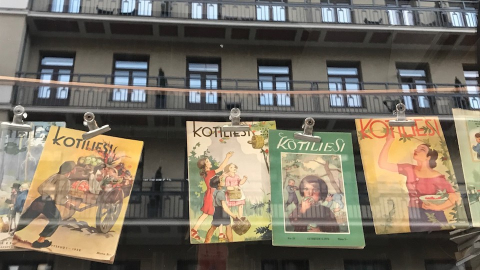 Old copies of Kotiliesi, a Finnish family and women's magazine, are displayed in a window
