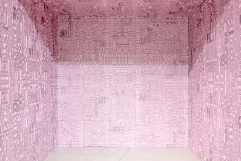 Caroline Monnet, The Room, 2023. Installation made of Styrofoam, OSB, Wood. 10,6 x 11,6 x 10,6 feet