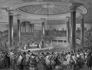 Francis Davignon, Distribution of the American Art Union prizes, at the Tabernacle, Broadway, New York, 24th Dec. 1847 (lithograph, 1848; Library of Congress, Washington DC)