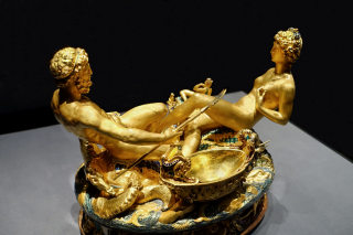 "Cellini Salt Cellar", a part-enamelled gold table sculpture by Benvenuto Cellini