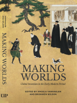Making Worlds book cover featuring a little dog and a group of priests, on a gold-yellow background