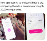 a person is holdig up a phone with a baby in the background. the phone screen displays an app called "CryAnalyzer" that reads "Angry 81.3%". text above the image: "New app uses AI to analyze a baby's cry, comparing them to a database of roughly 20,000 unique cries"