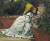 James Tissot. The Convalescent, 1872. White woman leaning on arm rest of flowered sofa chair with large yellow pillow propped up at her back, in what appears to be a garden, wearing a white embroidered gown