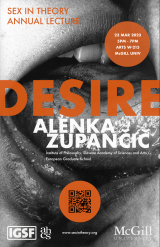 sex in theory event poster, black and white image of a slightly opened mouth with tongue showing, black hair on tongue, "DESIRE" talk title in orange block letters across the poster