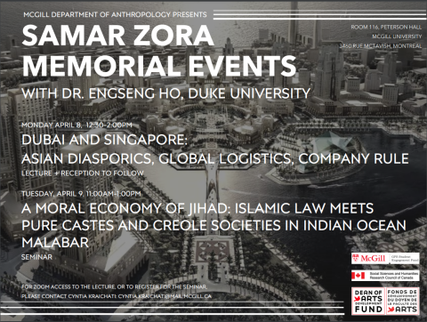 Poster with event details and photo of cityscape.