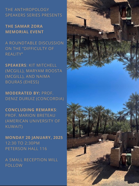 Poster with event details and photo, mirrored to appear upright and upside down 