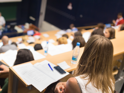 students positioned in rows at their desks in a lecture theatre