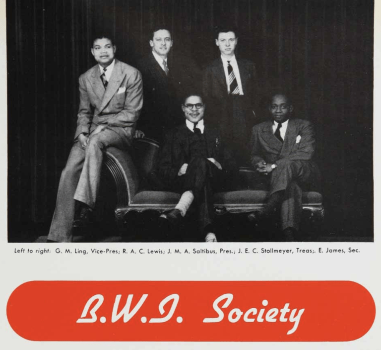 Black and white photo of five members of the British West Indian Society