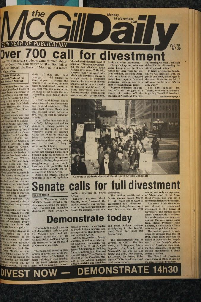 Photo of a newspaper article from The McGill Daily titled "Over 700 Call for Divestment"
