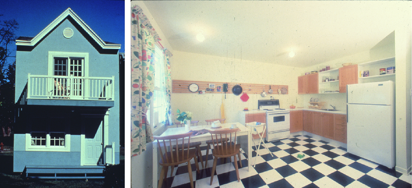 Left: photo of the front. Right: photo of the kitchen.