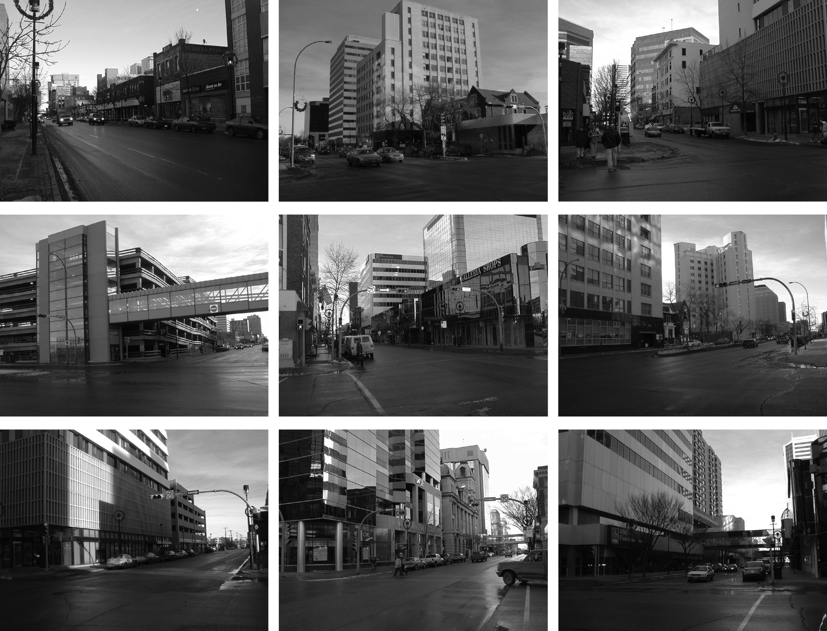 Composition of nine black &amp; white photos of the study area.