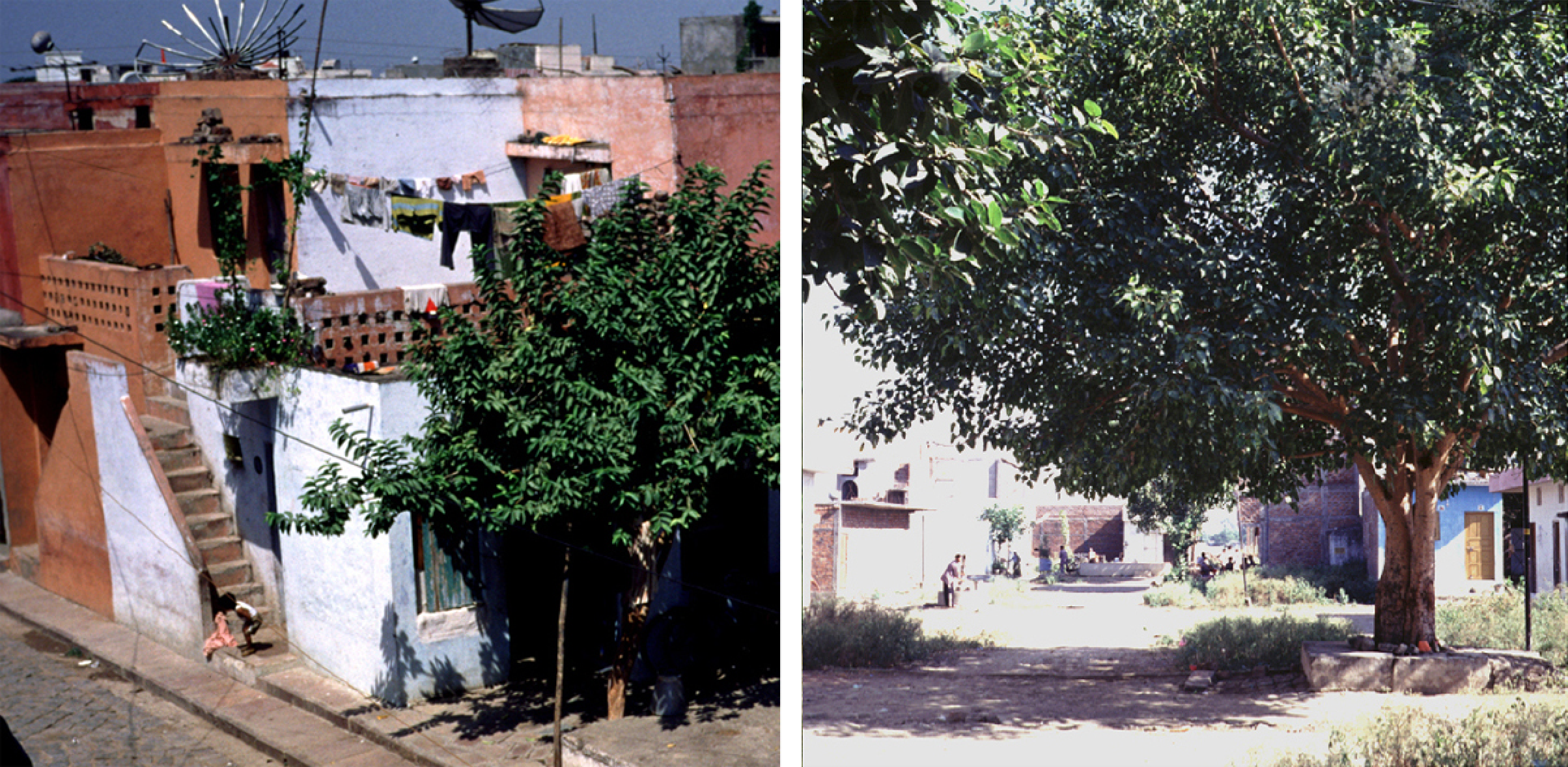Left: photo of two-storey rowhouses. Right: photo of a public courtyard with a tree.