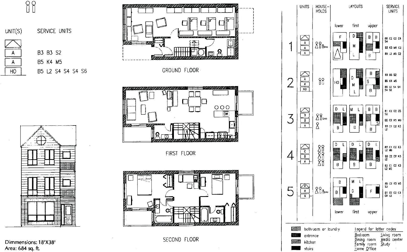 Black &amp; white technical drawings of three floor plans, one elevation and five layout options.