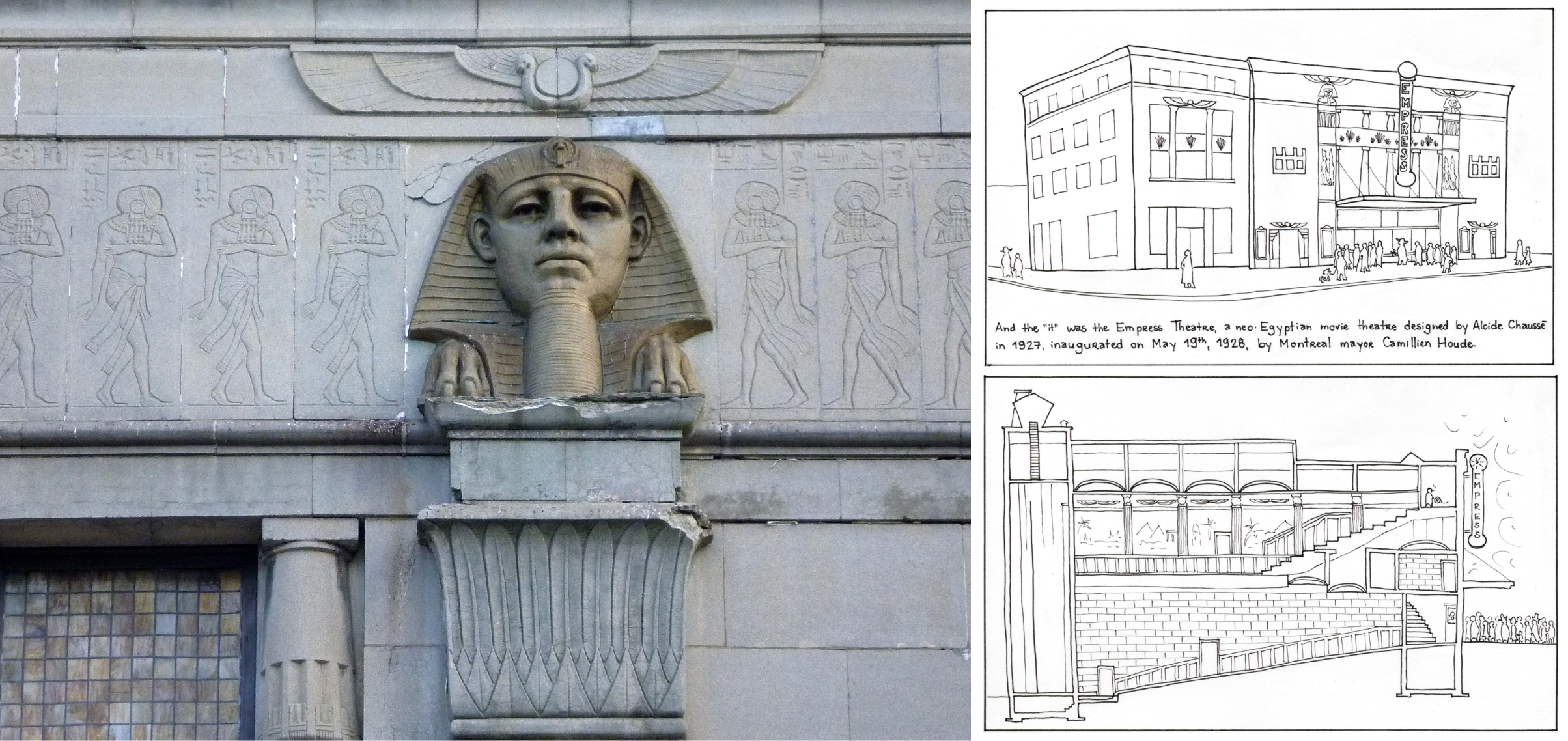 Left: photo of a stone made sphinx head on top of a neo-Egyptian capital. Top-Right: balck &amp; white exterior perspective of the building. Bottom-right: black &amp; white cross section of the building.