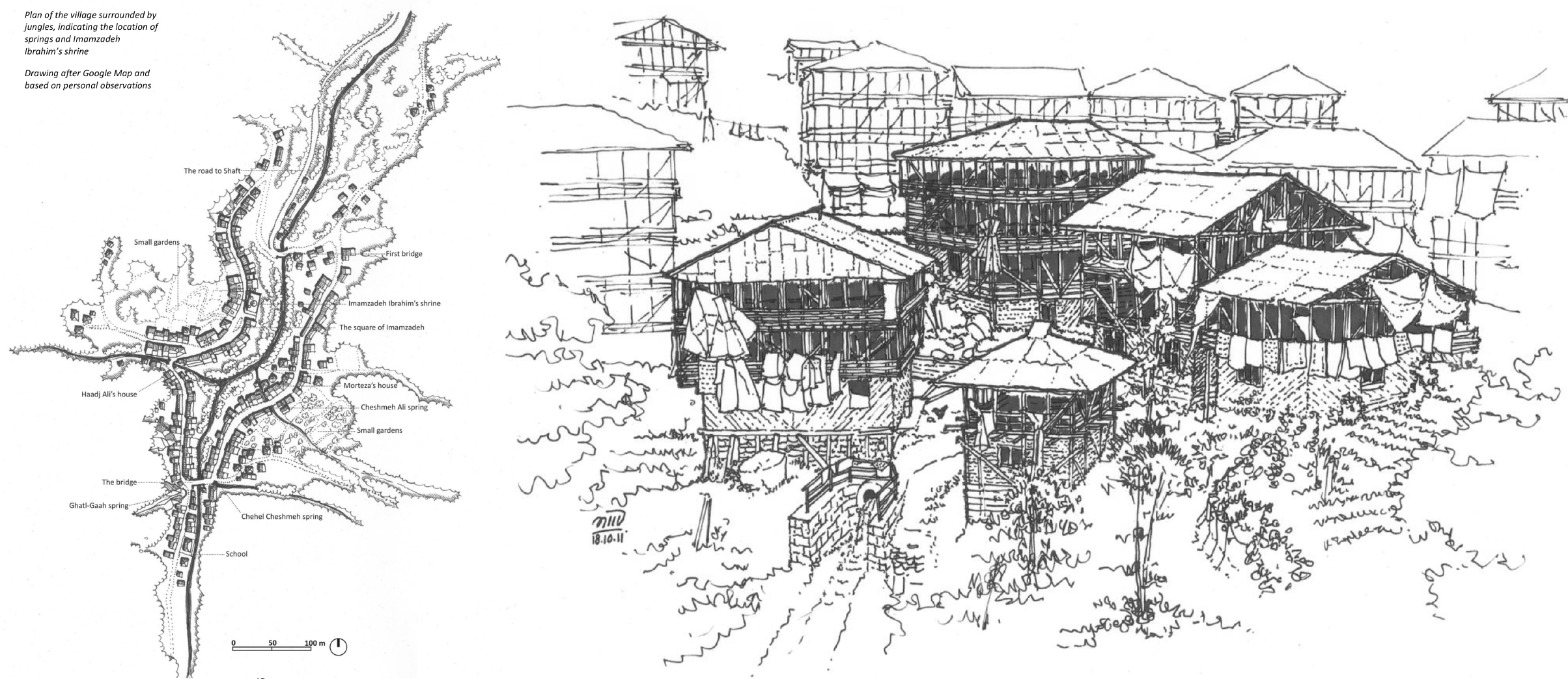 Imamzadeh Ibrahim, Shaft, Iran: plan of the village and perspective of a neighbourhood