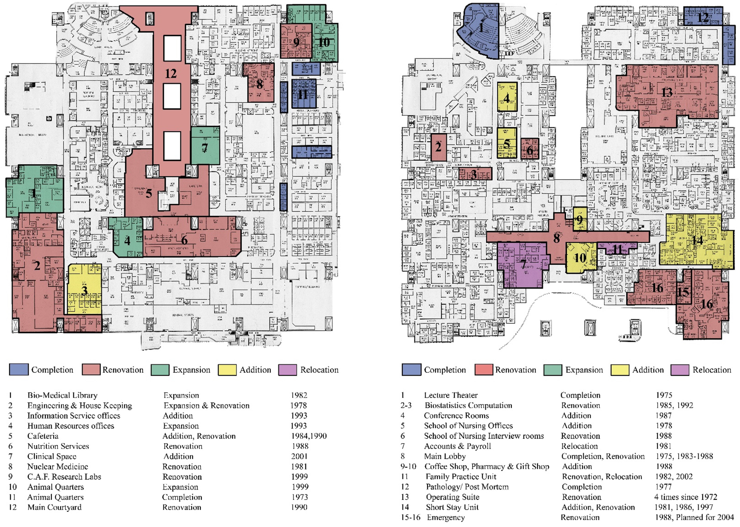 "Composition of two annotated, black &amp; white plans of the building with colored hatches on top."