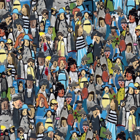 Painting showing a crowd standing closely together.