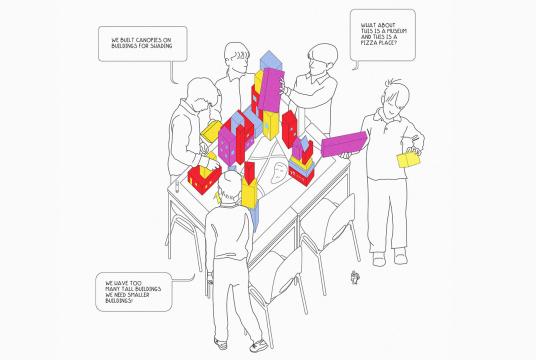 drawing of students studying city planning