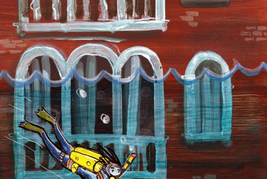 Painting showing a man scuba diving in front of a building in Venice as the extremely high water level reaches the building's window.
