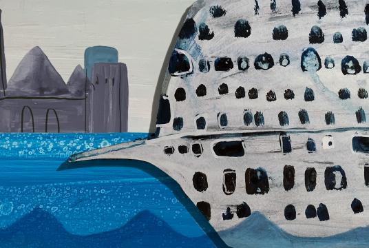 Painting showing a big cruise boat on water in Venice.