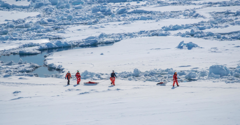  scientists are walking on sea ice