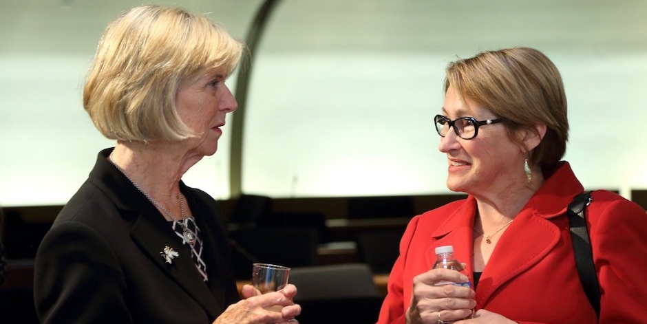 McGill principal Suzanne Fortier with a donor of the Arts Internship Awards.