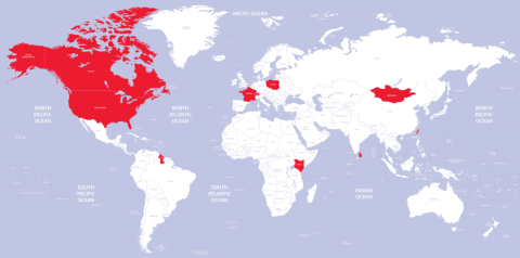 World map showing where interns were located in 2021.