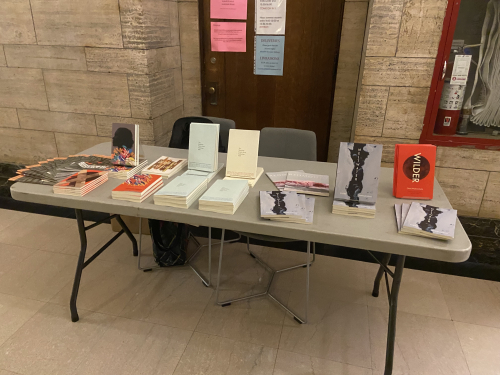 The book table at a reading by Claire Wahmanholm, hosted by the Montreal International Poetry Prize at McGill University. 