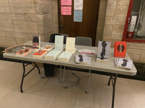The book table at a reading by Claire Wahmanholm, hosted by the Montreal International Poetry Prize at McGill University.