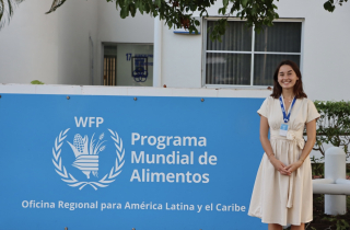 Adèle in front of WFP’s main office in Ciudad del Saber, Panama City, Panama.
