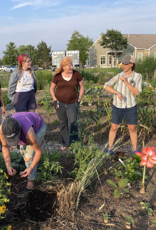 Holly Beato (left, white shirt) learning from local organic farmers in the community garden.