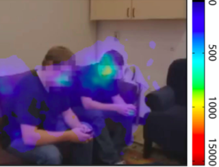 A heat map of eye tracking data. Shows attention to the face of two guys sitting down and looking down.
