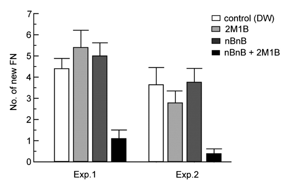 Comparison of the inhibitory effect of nBnB and 2M1B compounds individually and in a 2:1 mixture