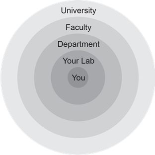 concentric circles showning the levels of organization; from centre to periphery .- you, your lab, department, faculty 