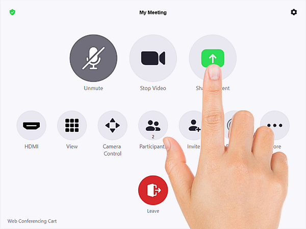 A finger taping the share content button on the Zoom Room controller